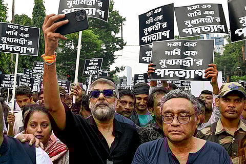 Kolkata rape-murder case: BJP leader Swapan Dasgutpta, director Vivek Agnihotri and others during a protest rally in Kolkata